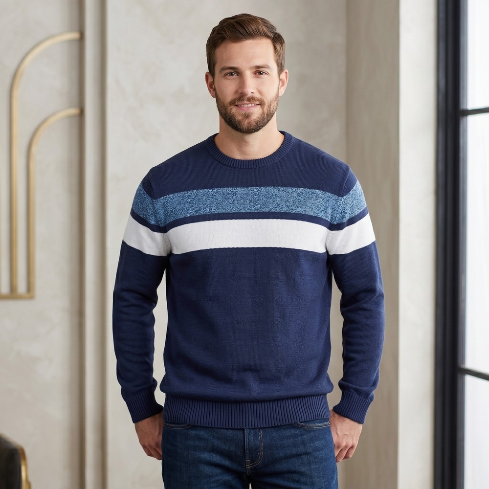 IZOD Sweater Mens 3XLT Navy Blue‎ Striped Crewneck Pullover Cotton Blend Knit